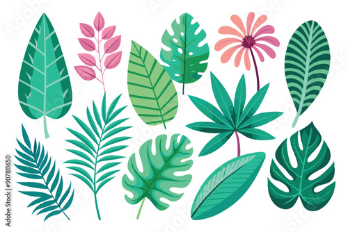 A Collection of Various Green and Pink Tropical Leaves