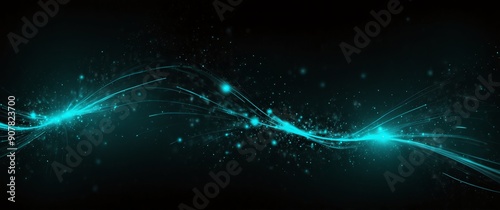 teal abstract lights in space plain black background wide angle panoramic view backdrop copy space