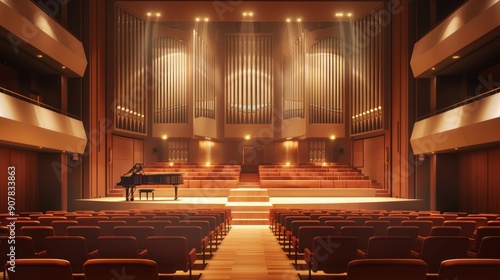 Empty concert hall with piano on stage.