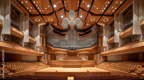 Empty Concert Hall with Pipe Organ.