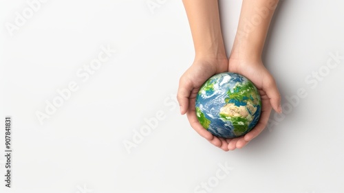 A pair of hands gently cradles a miniature Earth, symbolizing care for the planet and environmental awareness.