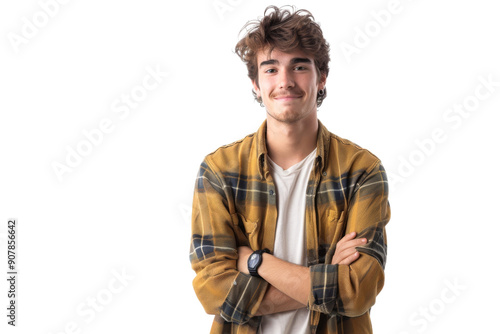 Smiling young man in casual attire, hands in pockets, isolated on white background