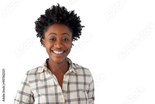 Positive ethnic woman in casual clothes smiles standing confidently Isolated on white background