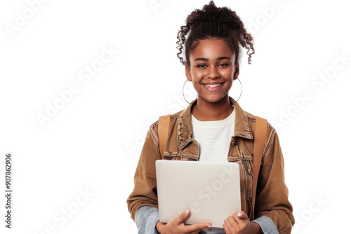 Positive ethnic woman in casual clothes smiles holding a laptop Isolated on white background