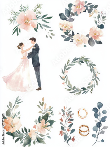 Watercolor illustration of a bride and groom with floral wreaths and bouquets, ideal for wedding invitations and romantic decor. 