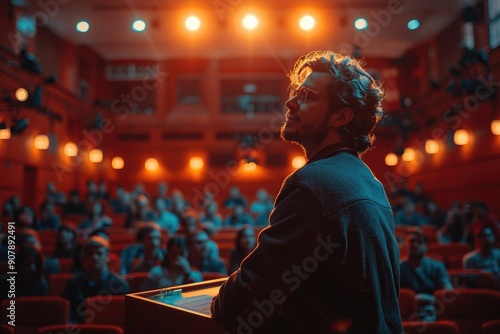 Speaker giving a presentation in a well-lit auditorium with an attentive audience in the background.