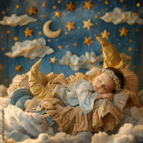 A baby peacefully sleeping on a cushion surrounded by stars and clouds, on a dreamy blue background. Concept of innocence and tranquility