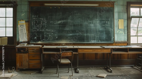 Abandoned Classroom with Chalkboard and Dust.