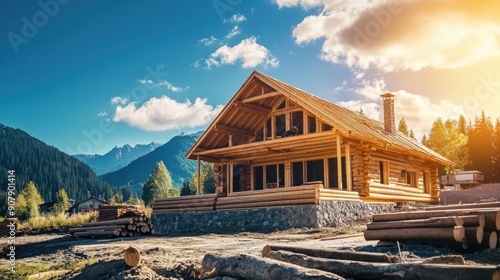 log cabin under construction with logs being placed