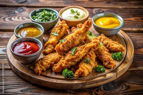 Crispy chicken tenders temptingly arranged on a rustic wooden table, surrounded by an assortment of savory dipping sauces, inviting a flavorful snacking experience.