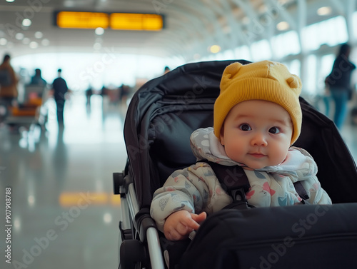 A baby comfortably seated in a babycar at the airport, ready for a travel adventure. The image captures the excitement of a family’s journey, with the little one all set for new experiences