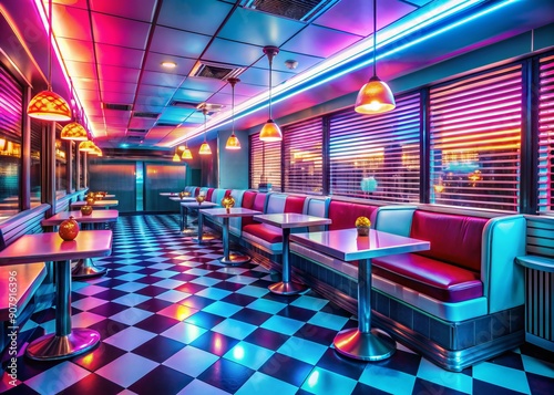 Retro diner with neon lights, vinyl booths, and vintage decor, evoking nostalgia of Y2K, 80s, 90s, and 2000s, awaiting patrons to relive the past.