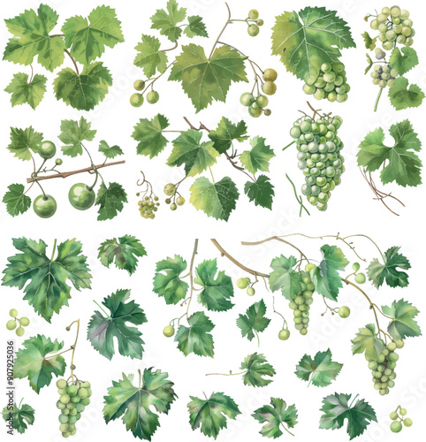 Set of white green grapes on a grapevine. Watercolor style grape, wine industry. Raw ingredients modern elements.