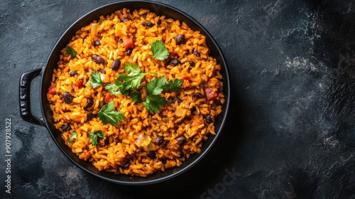 Top view of a traditional Puerto Rican arroz con gandules, rice with pigeon peas, with space for text