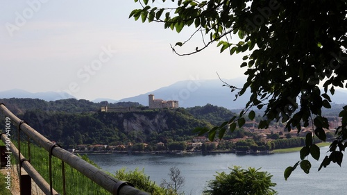 Angera on lake Maggiore, Lombardy, Italy. Aerial view of città Angera