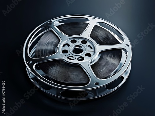 Close-up of a classic film reel on a dark background, spotlight highlighting details, camera at reel level, more clarity with clear light and sharp focus, high detailed