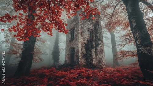 Ancient stone tower stands amid misty forest with vibrant red foliage. Eerie atmosphere as fog swirls around bare trees. Gothic arched windows and door add to the mystical scene