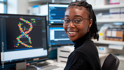 Smiling young African American molecular scientist conducting genome analysis using bioinformatics with DNA structure on high-tech screens. Genetic analyst focused on chromosomal mapping on monitors.