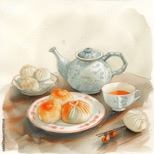 A watercolor painting of a Chinese teapot and cups beside plates of dim sum dumplings and bao