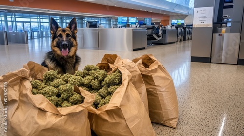 During a drug seizure at the airport on today, a dog from the customs department stands by its owner's presence