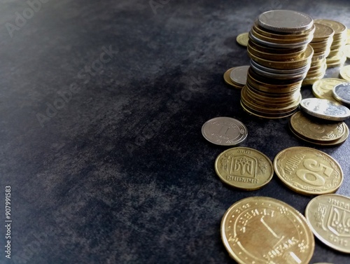 A stack of Ukrainian kopeck coins on a dark background on the right side of the photo. Background with coins and pennies.