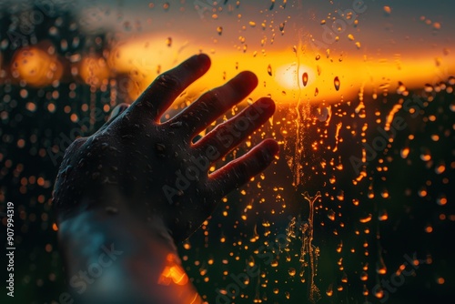 Hand touching rain-soaked window at sunset