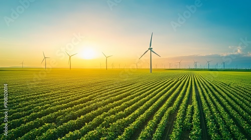 Wind Turbines in a Field of Crops at Sunset.