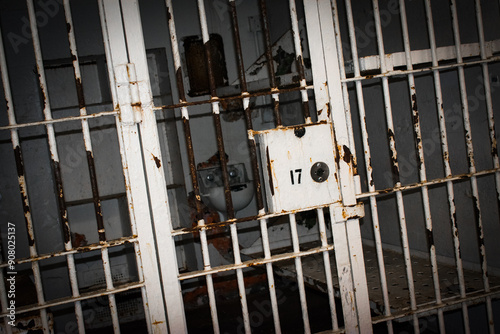 old prison bars showing a prison cell locked with bed and toilet.