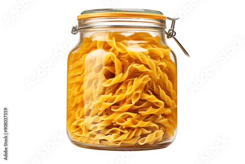 close-up shot of a glass jar filled with fresh pasta, droplets of water clinging to the sides, isolated on white background