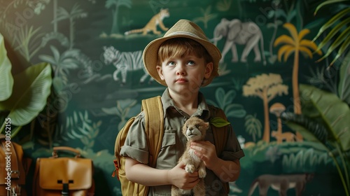 A boy dressed as a zookeeper, wearing a safari hat and holding a toy animal, standing in front of a green chalkboard with a jungle scene