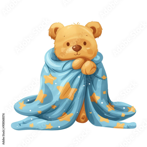 A cute teddy bear wrapped in a blue blanket with stars. The bear is sitting and looking at the viewer.