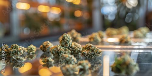 Cannabis bud from a display of various different strains in a dispensary showcase