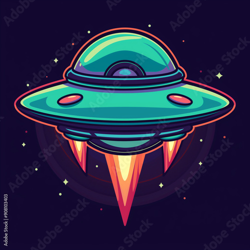 Ufo logo icon on dark background, starship flying saucer illustration 