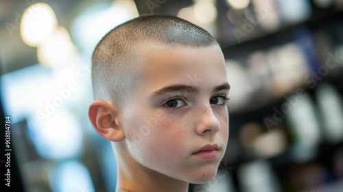 Boy with a fresh buzz cut, highlighting simplicity and practicality