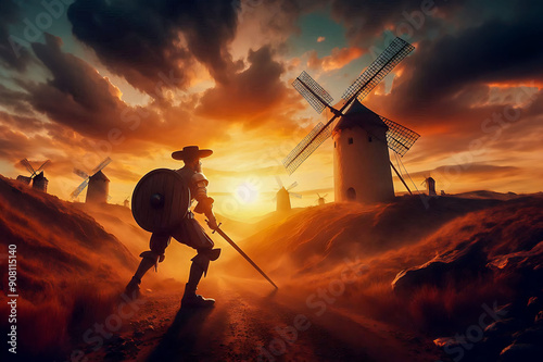 A valiant knight, Don Quixote, confronts iconic windmills at sunset, embodying the eternal struggle against imaginary foes