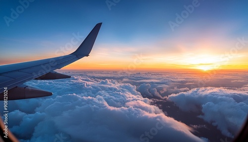 An airplane wing cutting through the clouds, with a breathtaking sunrise or sunset in the background