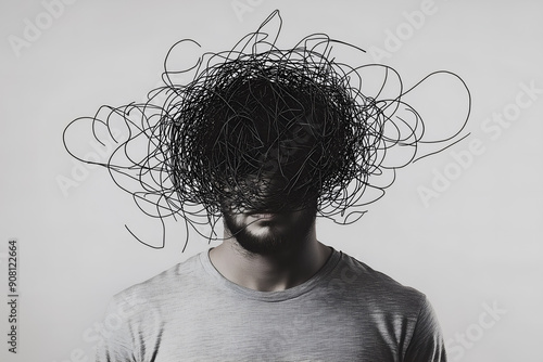 A man with a tangled mass of lines obscuring his face, mental confusion.