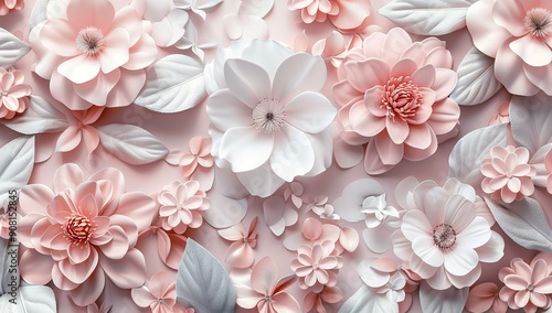 3d wallpaper with pastel pink and white flowers, white petals, pink background, light gray leaves, white blooms, pink petal flowers, white petals, white blossoms, pink floral pattern, white and...