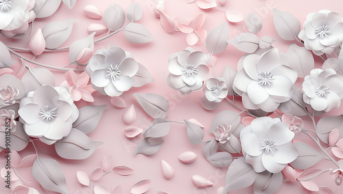 3d wallpaper with pastel pink and white flowers, white petals, pink background, light gray leaves, white blooms, pink petal flowers, white petals, white blossoms, pink floral pattern, white and...