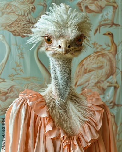 Whimsical Portrait of a Bird Wearing a Victorian Dress in Soft Lighting