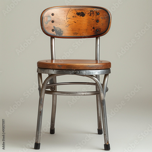 a chair with a wooden seat and metal frame