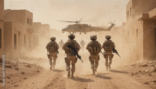 A group of soldiers advancing cautiously through a maze of houses during a raging sandstorm in the Middle East, with helicopter gunships overhead providing air support.