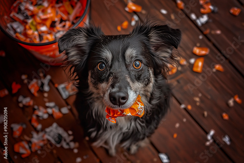 Naughty dog stealing Halloween candy, concept of holiday pet safety hazards