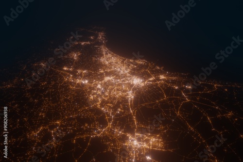 Aerial view on Gdansk (Poland) from south. Satellite view on modern city at night