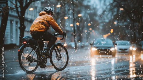 Cyclist riding through rainy city streets wearing gear during dusk hours