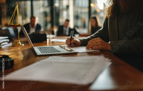 Lawyers in meeting discussing with laptop and holding legal documents with staff, doing preparing paperwork and good plan for new projects ideas business concept