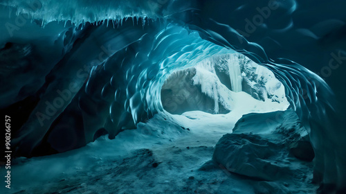 Beautiful frozen blue ice cave in winter nature. Tourism travel adventure and attraction exploration, snow