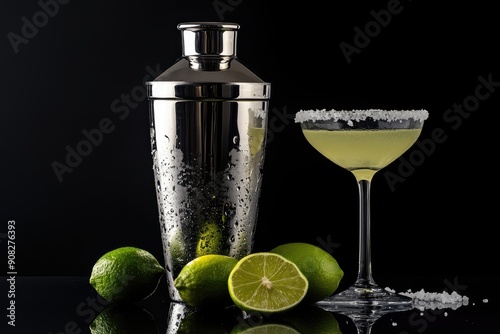 A Cocktail Shaker, a Margarita, and Limes on a Black Surface