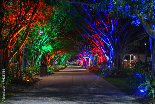 Illuminated colorful pedestrian street flanked by trees on the Cairns Esplanade in northern Queensland, Australia