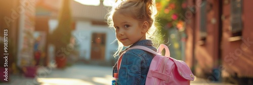 European schoolgirl in denim overalls preparing school supplies in a pink knapsack for her first day of first grade at elementary school at dawn